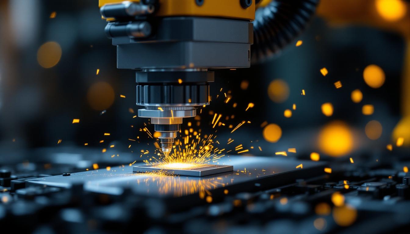 A photograph of a high-tech industrial robotic arm performing precision nano machining on a small component