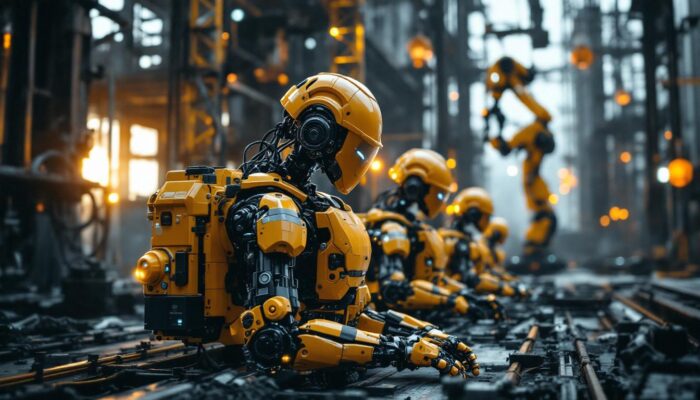 A photograph of a construction site featuring various industrial robots in action