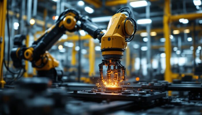 A photograph of a dynamic industrial setting showcasing a robotic arm in action