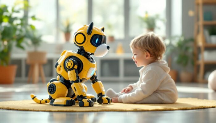 A photograph of a playful toy puppy robot interacting with a child in a bright