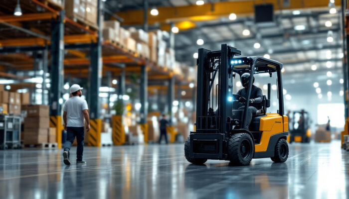 A photograph of a modern autonomous forklift in action within a bustling warehouse environment