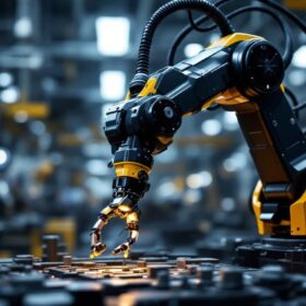 A photograph of a sleek industrial robotic arm in action