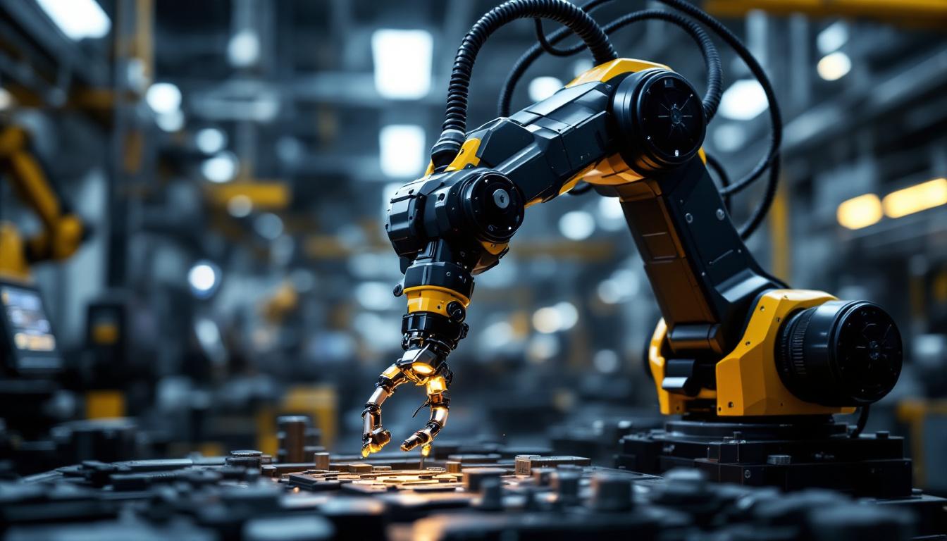 A photograph of a sleek industrial robotic arm in action