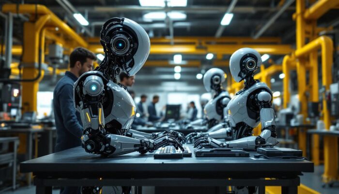 A photograph of a futuristic training session featuring humanoid robots in a high-tech industrial environment