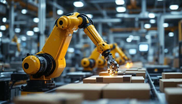 A photograph of a sleek industrial robotic arm in action