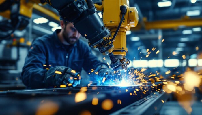 A photograph of a skilled operator programming an industrial robotic arm performing gmaw (gas metal arc welding) on a metal workpiece in a well-lit