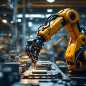 A photograph of a sleek industrial robotic arm in action