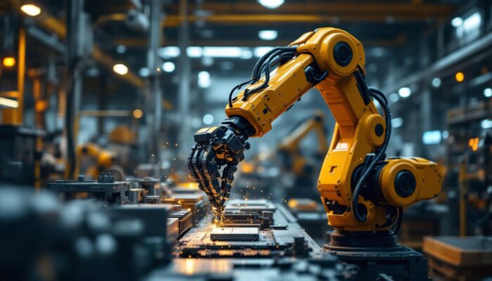 A photograph of a sleek industrial robotic arm in action