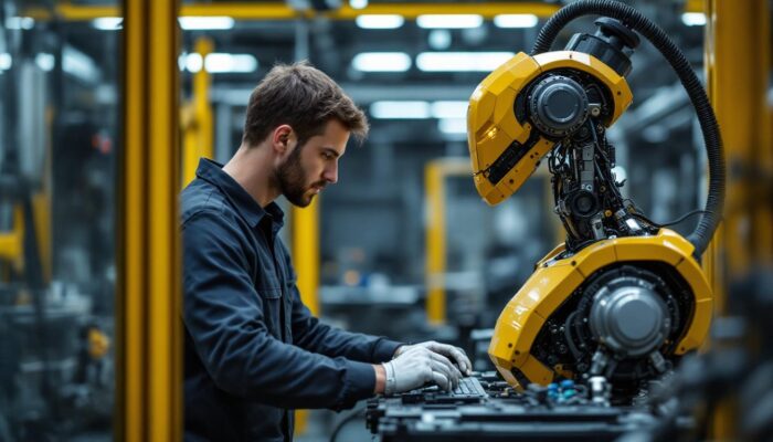 A photograph of a skilled technician programming an industrial robot in a modern manufacturing facility