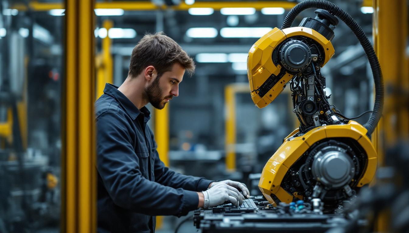 A photograph of a skilled technician programming an industrial robot in a modern manufacturing facility