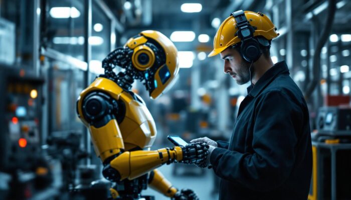 A photograph of a skilled technician programming an industrial robot in a modern manufacturing environment