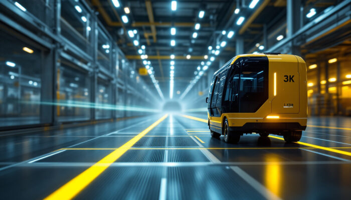 A photograph of a laser-guided vehicle navigating through a modern industrial setting