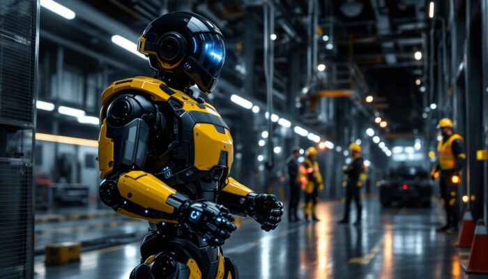 A photograph of a futuristic industrial setting featuring a robotic police unit in action