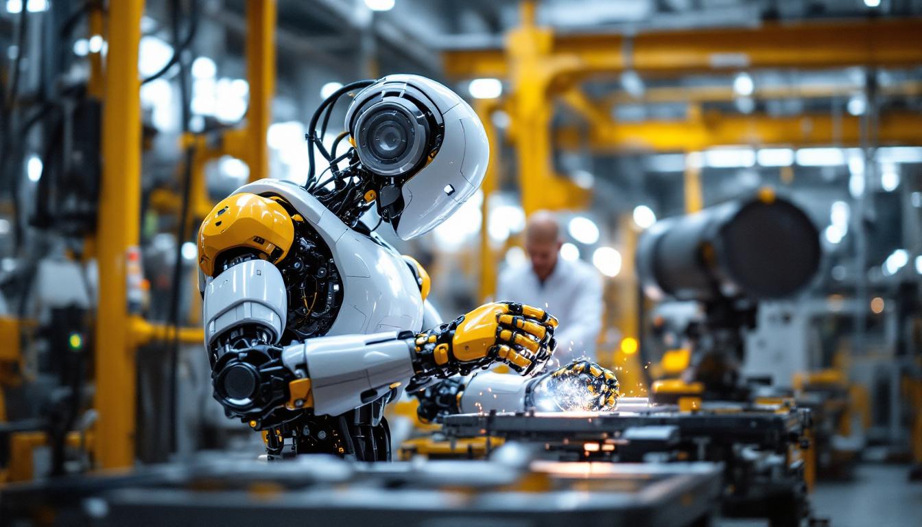 A photograph of a modern industrial robot in action within a manufacturing environment