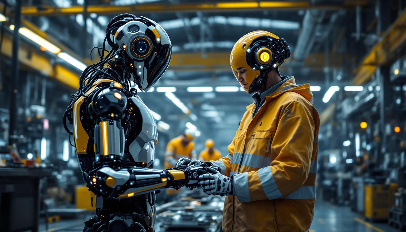 A photograph of a tesla robot prototype in an industrial setting