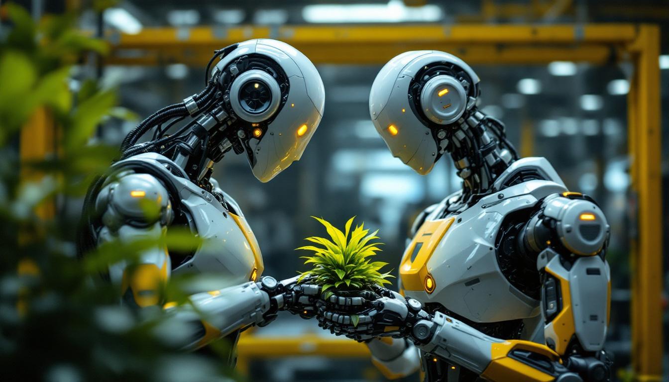 A photograph of a sleek industrial robot interacting with a vibrant