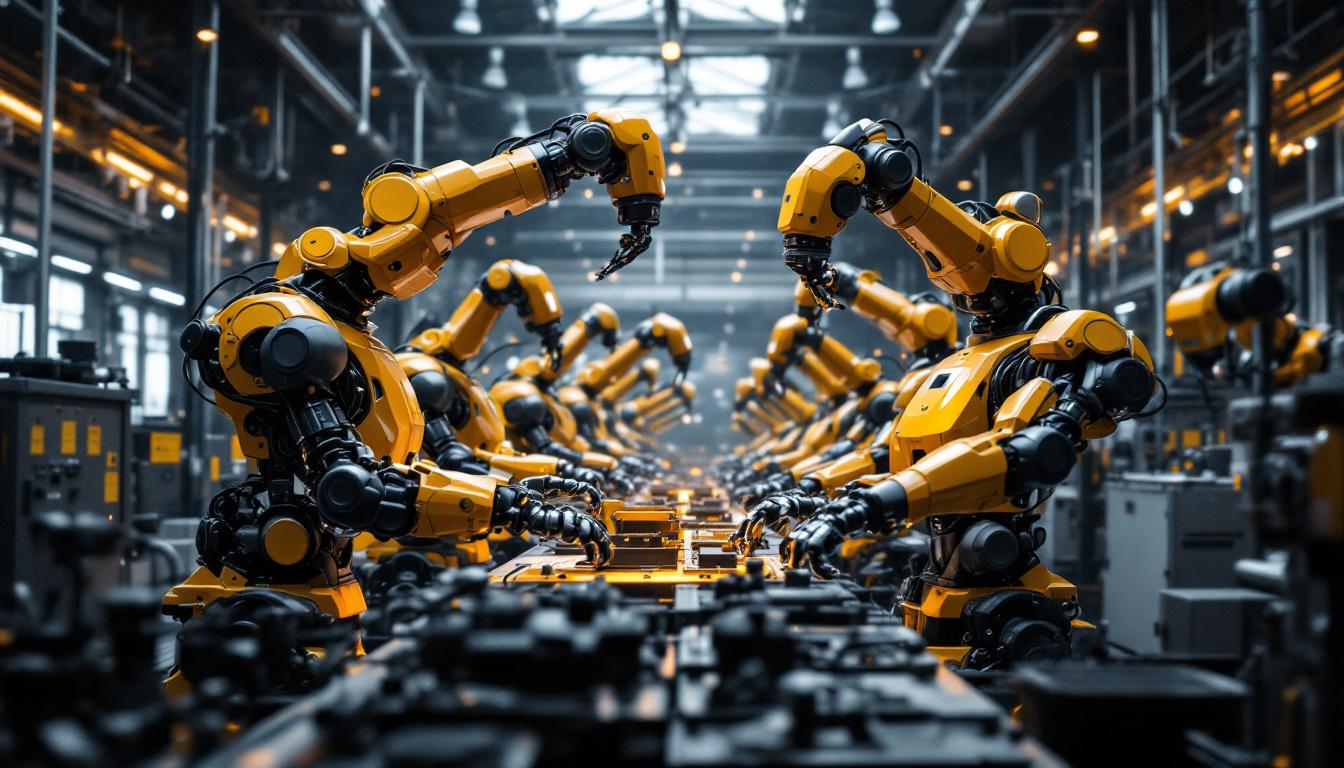 A photograph of a dynamic industrial setting featuring various types of robots in action