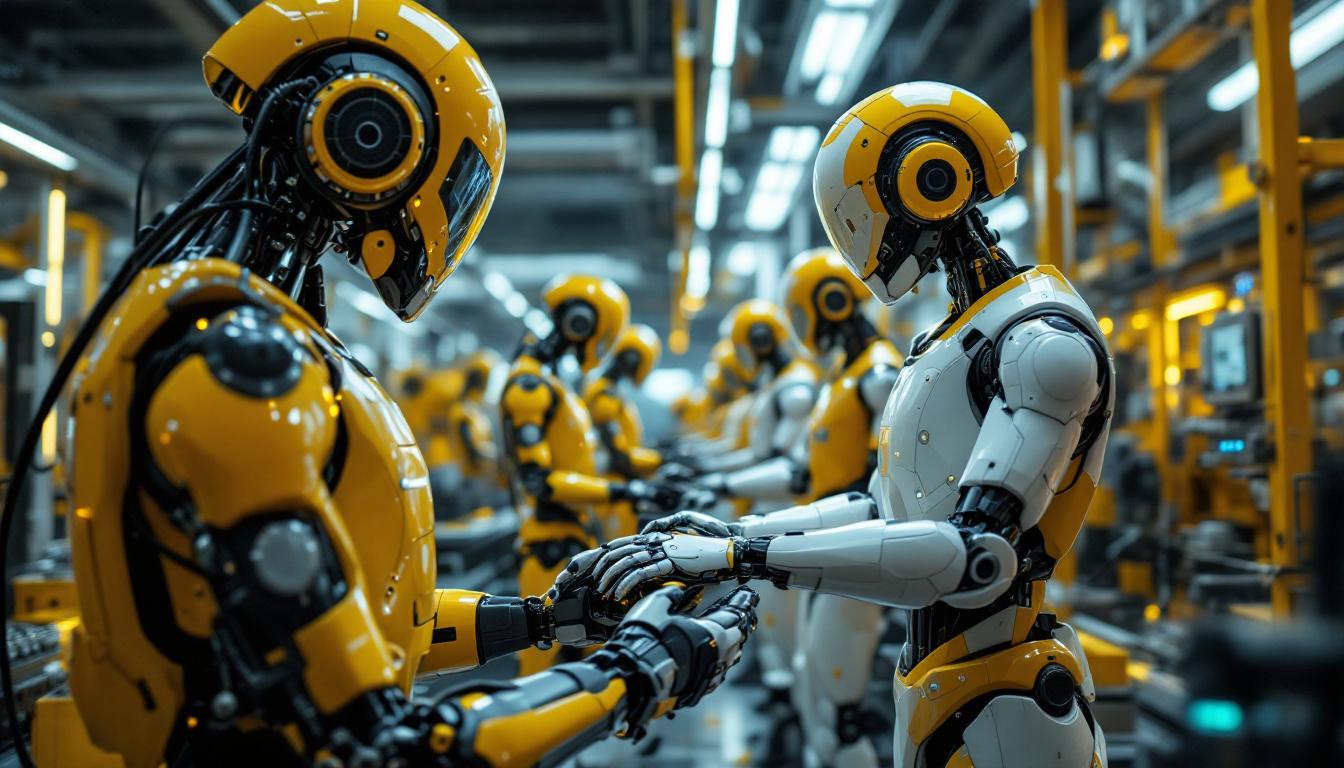 A photograph of a futuristic industrial setting featuring advanced robots in action