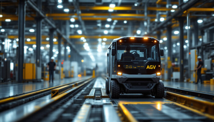 A photograph of a modern industrial setting featuring an automated guided vehicle (agv) in action