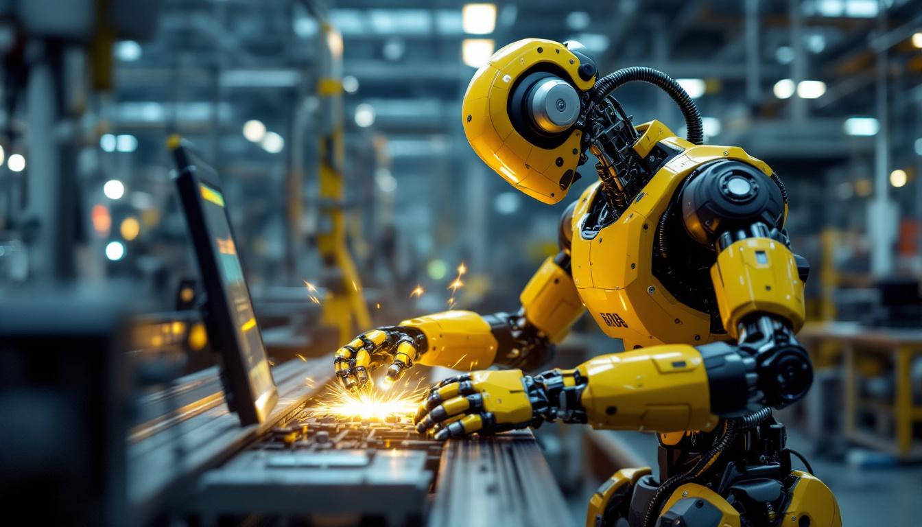A photograph of a dynamic industrial robot in action on a factory floor