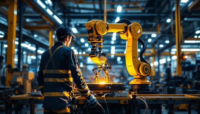 A photograph of a dynamic industrial setting showcasing a robotic arm in action