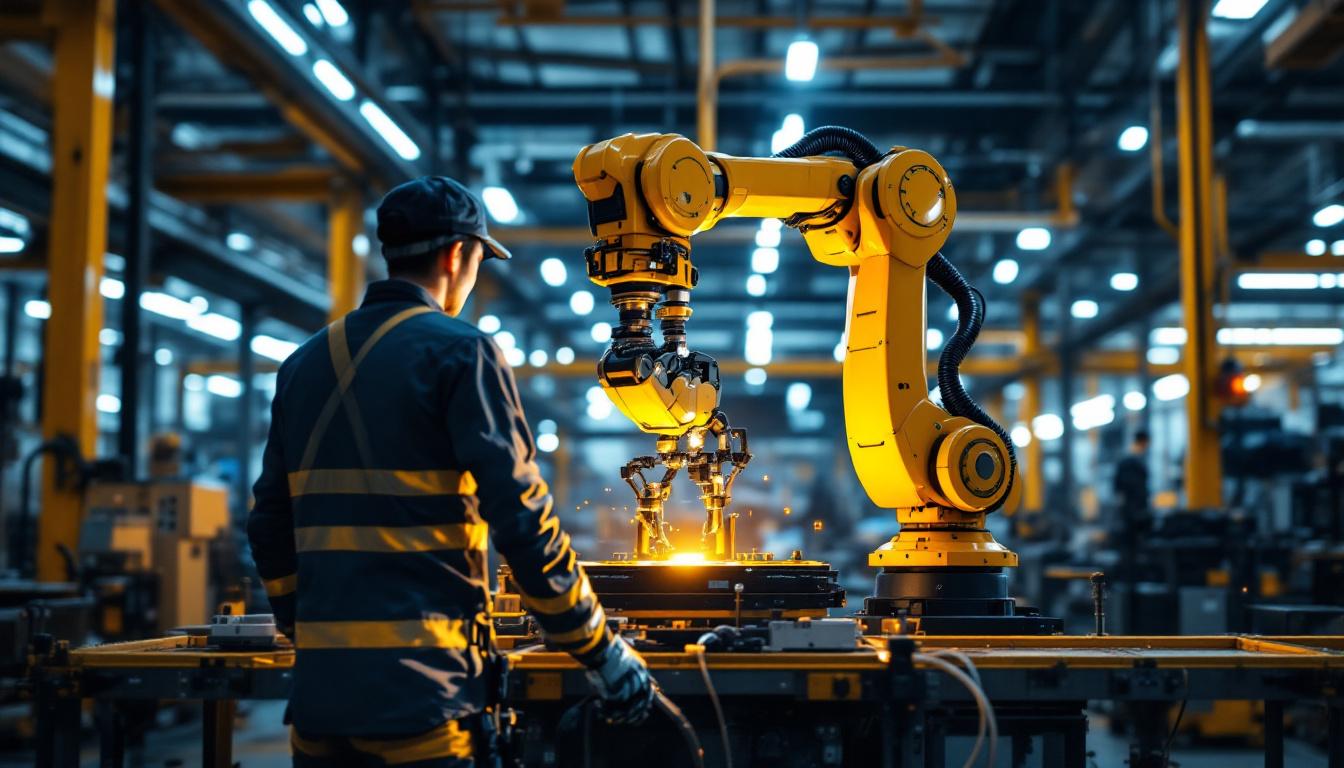 A photograph of a dynamic industrial setting showcasing a robotic arm in action