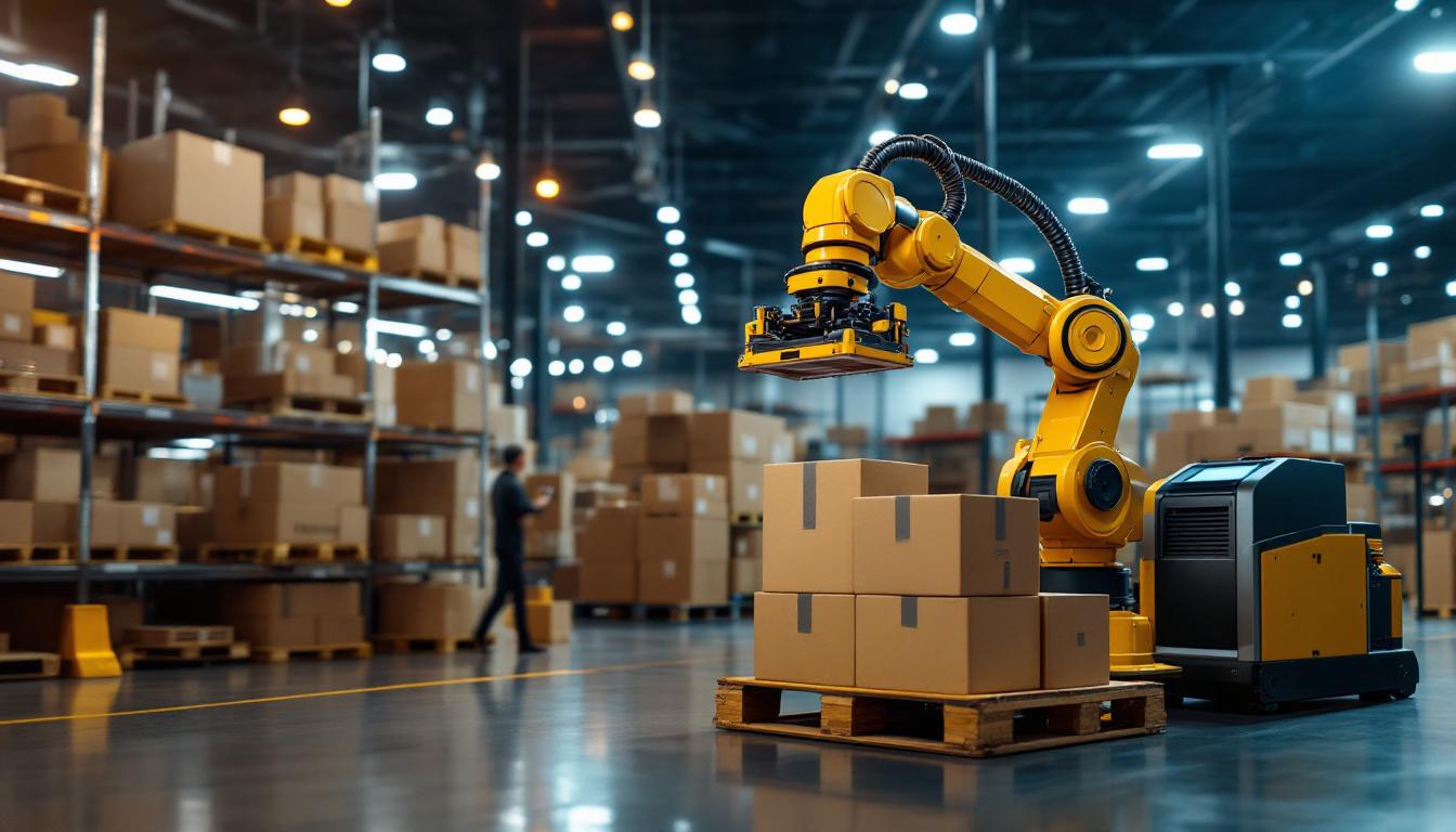 A photograph of a modern industrial setting featuring a robotic arm efficiently palletizing goods