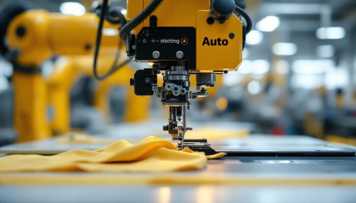 A photograph of capture a photograph of an industrial auto stitching machine in action