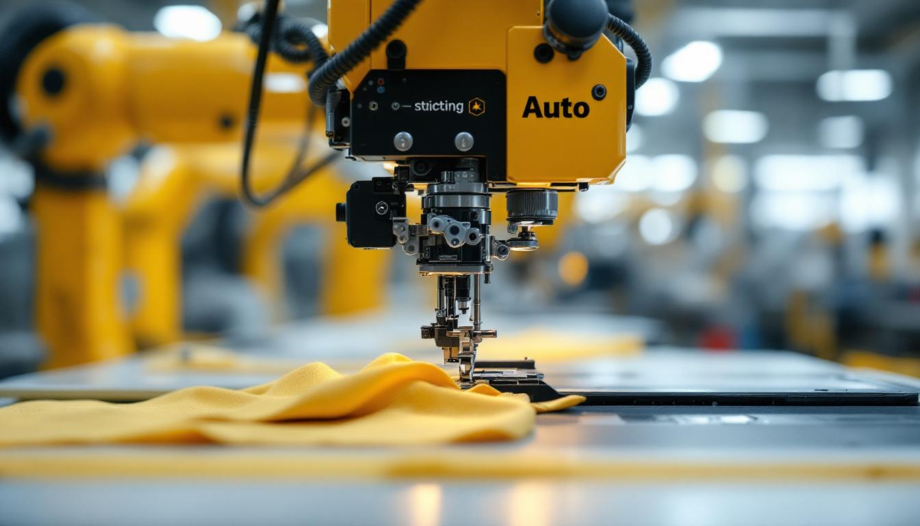 A photograph of capture a photograph of an industrial auto stitching machine in action
