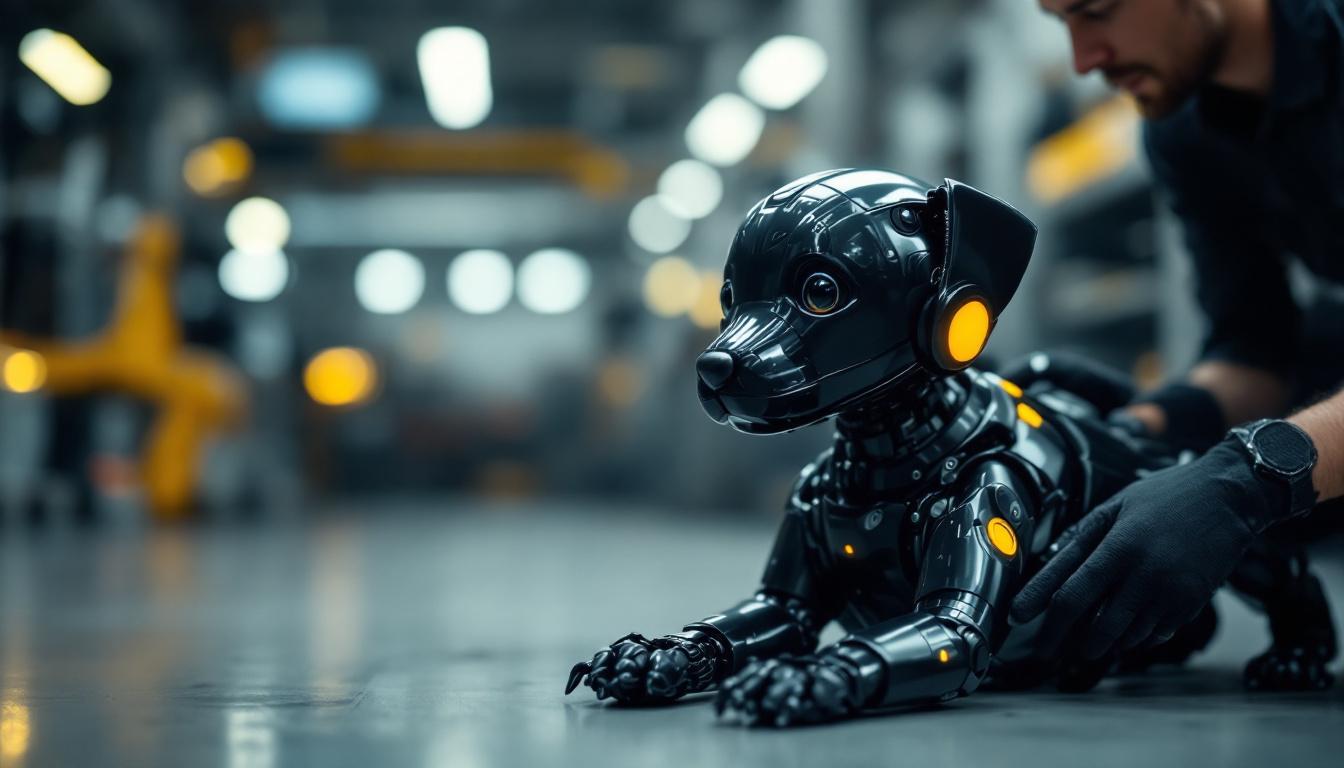 A photograph of a lifelike robotic puppy interacting with a human in an industrial setting