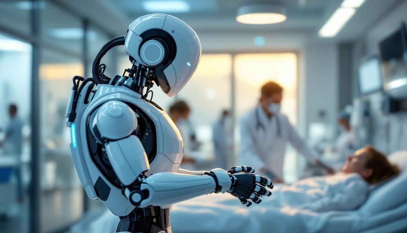A photograph of a sleek hospital robot in action