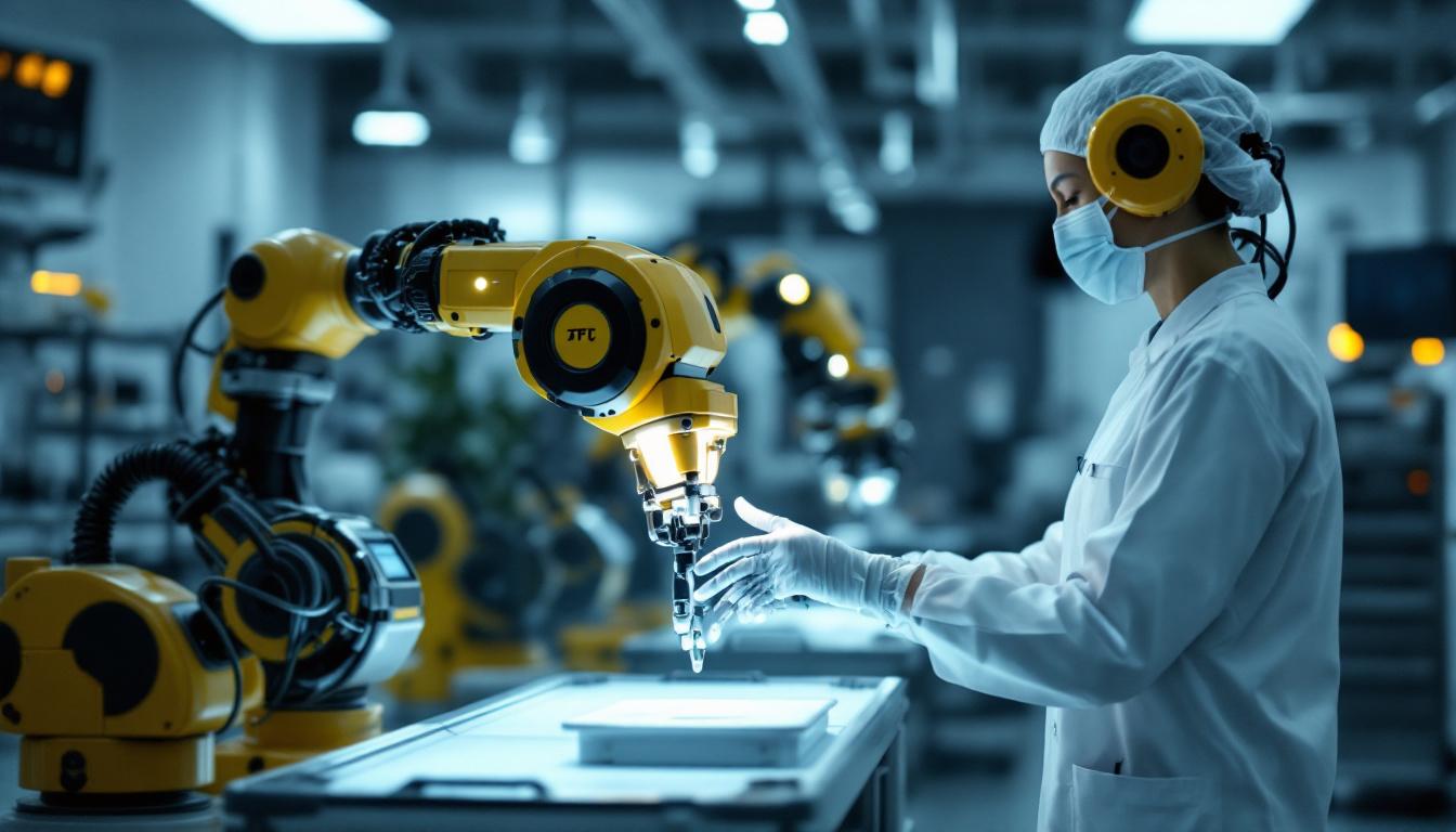 A photograph of a healthcare professional interacting with an industrial robotic system in a clinical setting