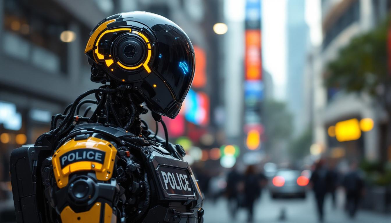 A photograph of a futuristic robotic police officer in an urban setting