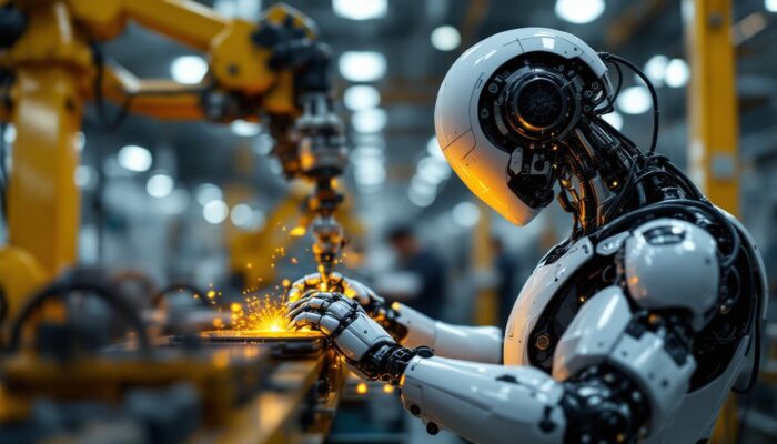 A photograph of a sleek industrial robot in action within a manufacturing environment