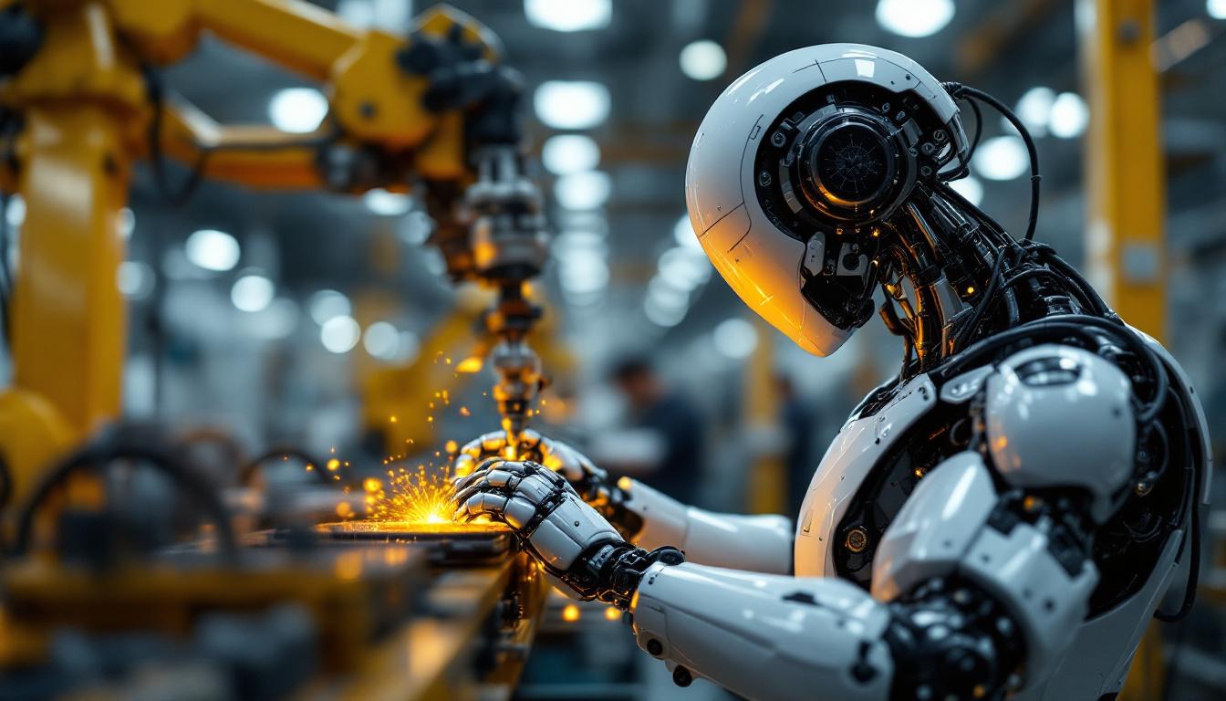 A photograph of a sleek industrial robot in action within a manufacturing environment