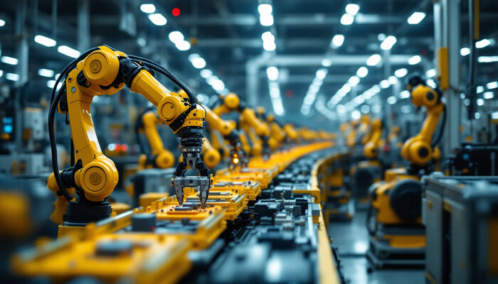 A photograph of a busy agv assembly line in an industrial setting