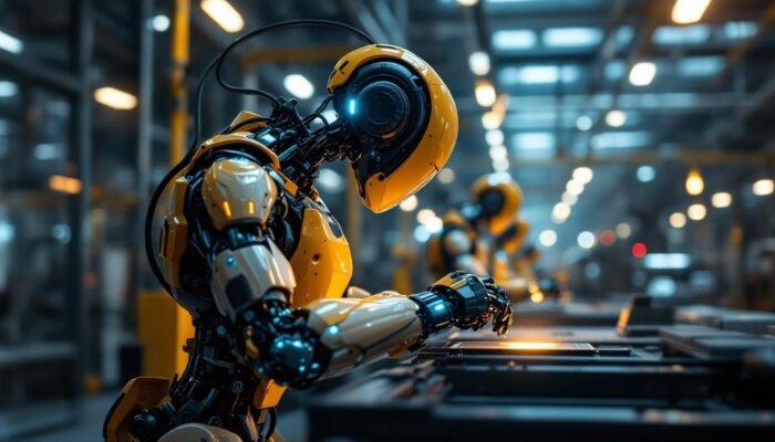 A photograph of a sleek industrial robot in action within a modern manufacturing facility