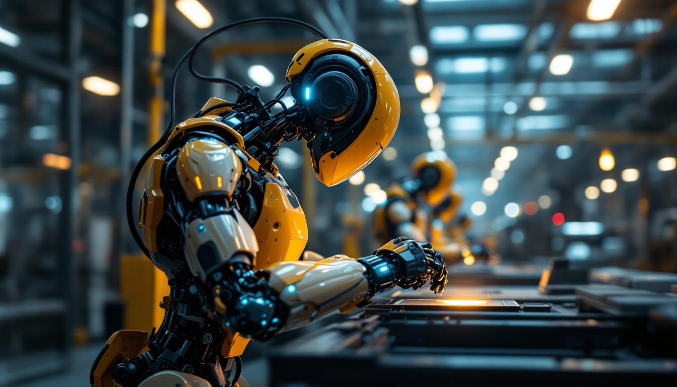 A photograph of a sleek industrial robot in action within a modern manufacturing facility