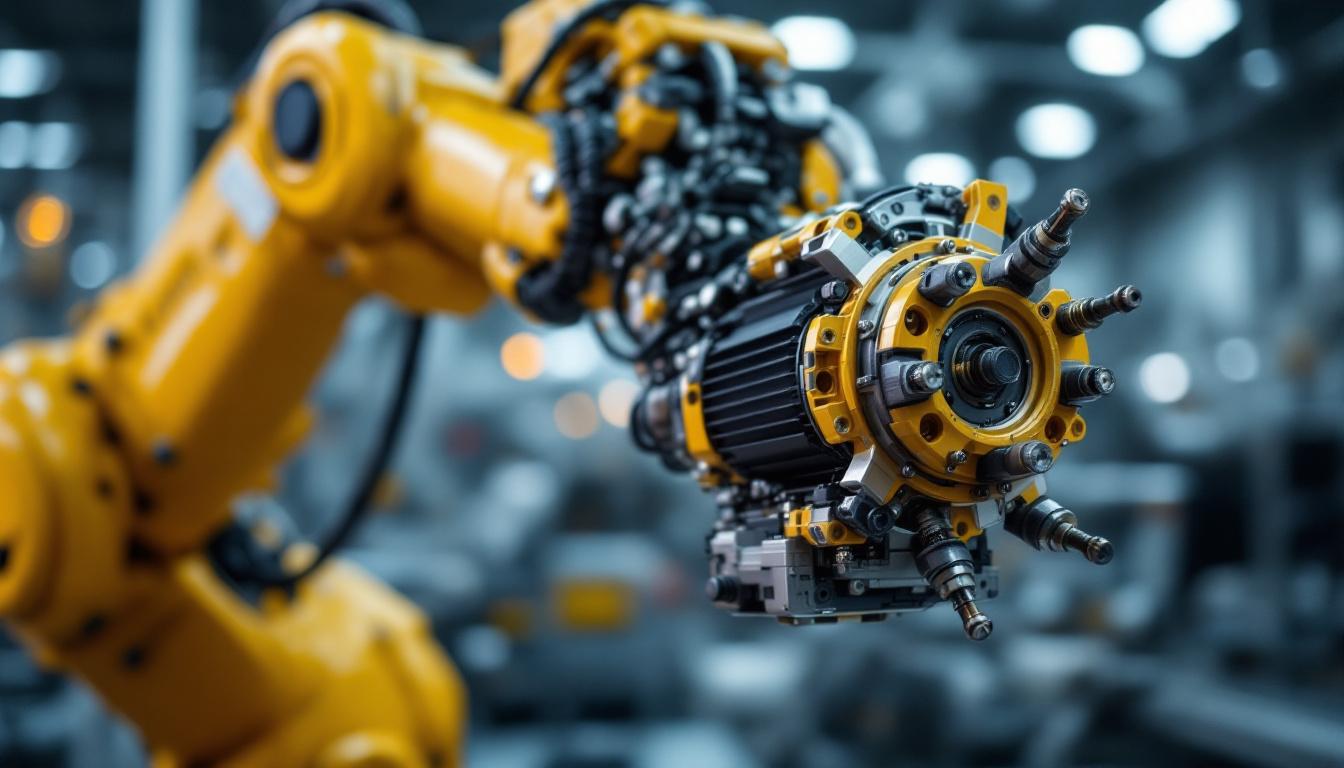 A photograph of a close-up of a servo motor in action within an industrial robotic arm