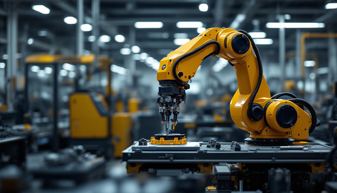 A photograph of a sleek ameca robotic arm in action within an industrial setting