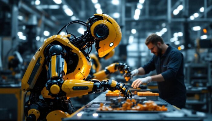 A photograph of a modern industrial robot in action on a factory floor
