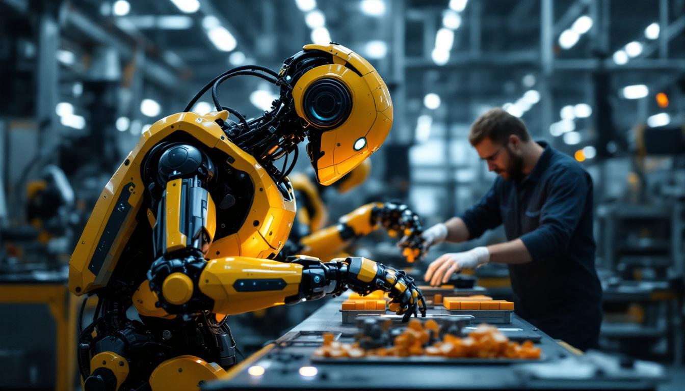 A photograph of a modern industrial robot in action on a factory floor