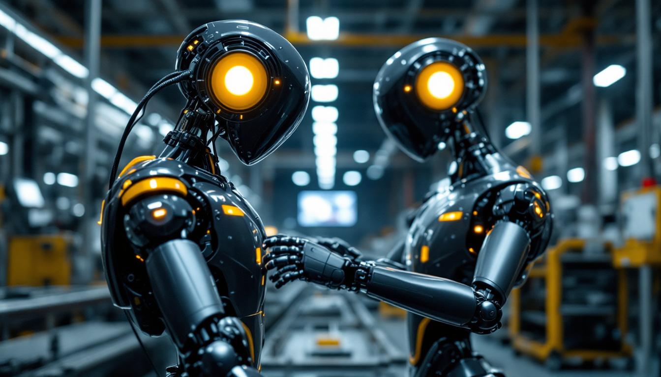 A photograph of a sleek tesla robot in an industrial setting