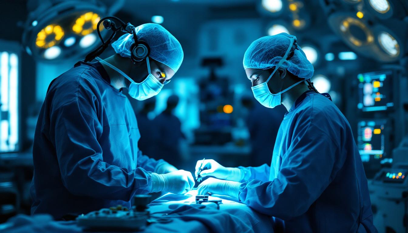 A photograph of a skilled surgeon operating a state-of-the-art robotic surgical system in a modern operating room