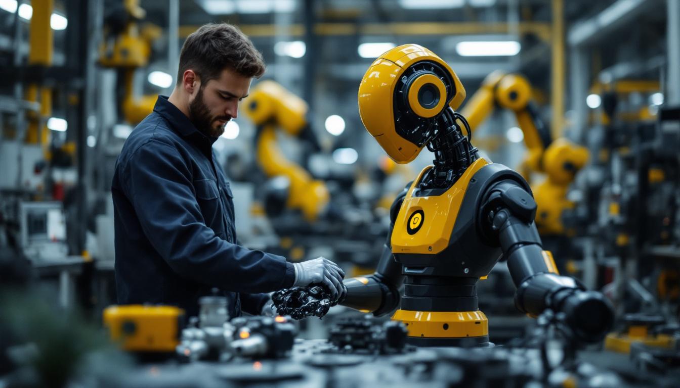 A photograph of a collaborative robot (cobot) working alongside a human in an industrial setting