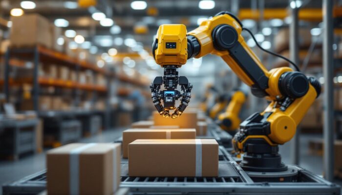 A photograph of a robotic packing system in action