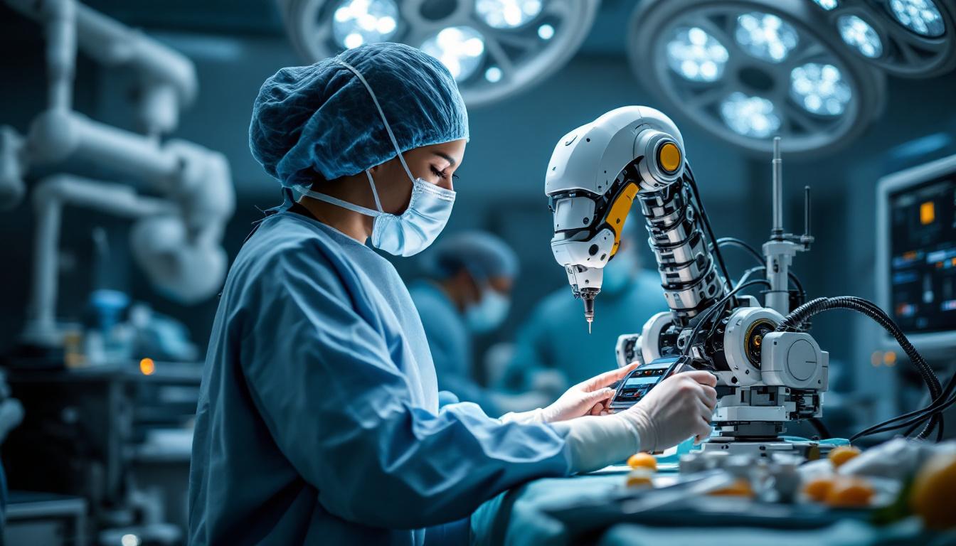 A photograph of capture a photograph of a skilled surgeon using a state-of-the-art medical robotic system in an operating room