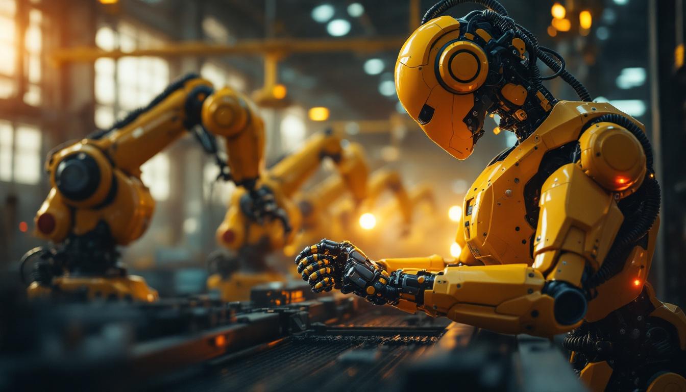 A photograph of a dynamic scene showcasing industrial robots in action within a manufacturing environment
