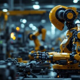 A photograph of a modern industrial robot in action on a factory floor