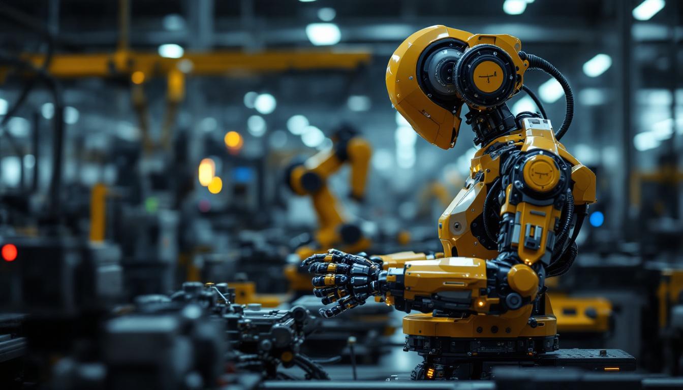 A photograph of a modern industrial robot in action on a factory floor
